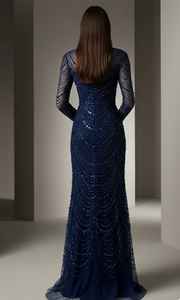 Tela de Lujo Azul Marino con Cuentas Hechas a Mano para Vestido de Noche, Material de Malla con Lentejuelas de Manga Larga para Vestido de Gala, Suministro al por Mayor - Product Image 4