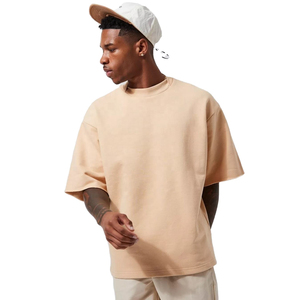 T-shirt décontracté pour homme en coton épais 100 % premium, coupe oversize, col montant, style streetwear, bords bruts, épaules tombantes, manches courtes - Product Image 2