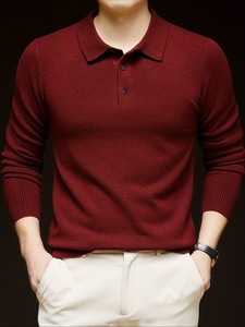 Men's Autumn/Winter 430g Thickened Sweater <b>Base</b> <b>Layer</b> Casual Solid Color Fine Knit Lapel <b>Wool</b> Blend Warm Sweater Top - Product Image 4