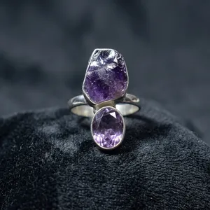 Bague Statement en Argent Sterling 925 avec Deux Pierres d'Améthyste Naturelle, Faite à la Main, Pierre Brute, Bijoux Bohèmes, Design Élégant - Product Image 4