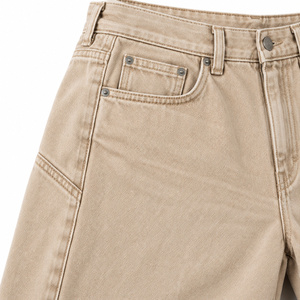 <b>Women</b> High Waist <b>Baggy</b> Straight Leg Woven Denim <b>Jeans</b> with Chevron Hip Panels-Stonewashed Sand Beige Casual Winter Style - Product Image 4