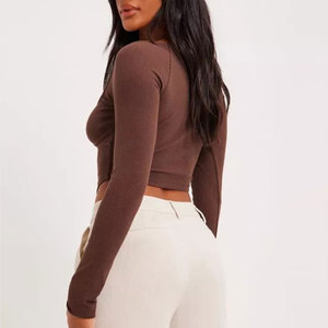 Women's Brown Square Neck Long Sleeve Knitted <b>Crop</b> <b>Top</b> Slim Fit Solid Color Breathable All Seasons Style - Product Image 3
