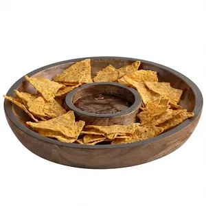 <b>Round</b> Acacia Wood Serving <b>Tray</b> With Dip Bowl Rustic Design Multi Functional For Dining <b>Table</b> - Product Image 1