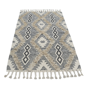 Tapis en laine tissé à la main beige crème à tissage plat avec motif losanges en relief, géométrique noir, style bohème, à franges, écologique et sans produits chimiques - Product Image 5