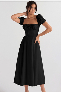 Women's Black Square Neck Bubble <b>Sleeve</b> Maxi <b>Dress</b> Vintage Fit and Flare Casual Party Summer Long Gown - Product Image 2