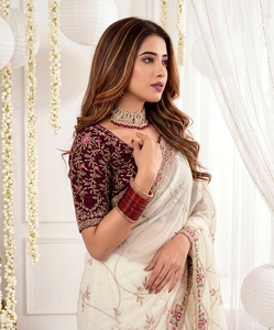 Elegant Cream Silk <b>Saree</b> With Floral Embroidery And <b>Maroon</b> Blouse For Wedding Occasion Women Traditional Wear - Product Image 4