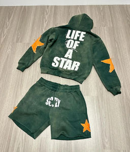 Conjunto de Sudadera con Capucha y Pantalones Cortos Bordados Transpirables Personalizados para Hombre, Chándal Urbano con Parche de Estrella, Sudadera con Cremallera, 100% Algodón Felpa, Casual - Product Image 4