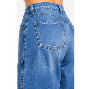 Jeans de Cintura Alta con Logo, 100% Algodón Denim, Pierna Ancha, Lavado Enzimático, Estilo Vintage, Pantalones de Primavera con Inserción de Chevron en la Pantorrilla - Product Image 5