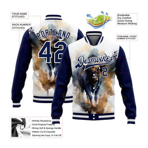 Custom Varsity <b>Jacket</b> <b>Men</b> <b>White</b> Navy Bull Print Sublimation Front Button Closure Preppy Style Autumn Wear Sublimation <b>Jacket</b> - Product Image 2