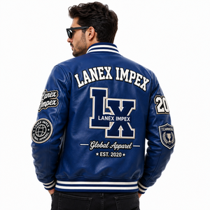Custom Blue Color Varsity Letterman <b>Jacket</b> <b>Men</b> PU Leather Baseball College <b>Jacket</b> Embroidered Chenille Patch Bomber <b>Jacket</b> OEM - Product Image 4