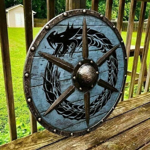 Bouclier Viking Nordique Artisanal en Bois, Design Nordique Traditionnel Rond pour Affichage Historique et Décoration Intérieure - Product Image 4