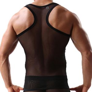 Débardeur Homme Noir en Maille Filet Transparente, Sans Manches, Coupe Musclée, en Polyester et Spandex Élastique, pour la Gym, Vente en Gros - Product Image 2