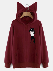Sweat-shirt décontracté en coton noir pour femme, avec oreilles de chat, imprimé dessin animé, poche avant, vente en gros, best-seller, personnalisable, hiver uni - Product Image 6