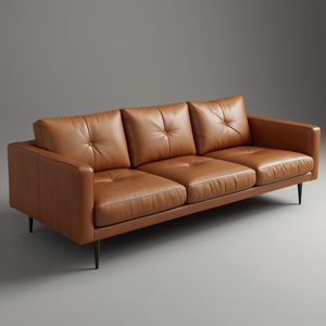 Sofá de Cuero Vacuno Genuino de Estilo Moderno de Mediados de Siglo, 3 Plazas, con Líneas Minimalistas y Estructura de Madera para Muebles de Sala de Estar - Product Image 1