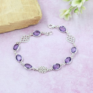 <b>Amethyst</b> Gemstone Designer 925 Sterling Silver Link <b>Bracelet</b> for Women Oval Cut Purple Crystal Floral Charm <b>Bracelet</b> - Product Image 4