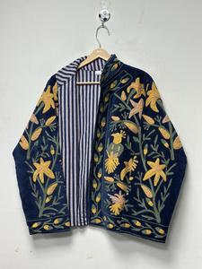 Ethnic Navy Blue <b>Velvet</b> Suzani Embroidered <b>Jacket</b> with Floral Pattern Full Sleeve Stand Collar Bohemian Women's Winter Outerwear - Product Image 2