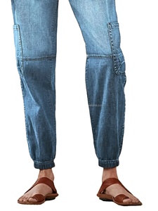 Femmes élégant taille haute bleu Denim jean coupe ample élastique poignets bouton patte plusieurs poches décontracté mode grande taille - Product Image 3