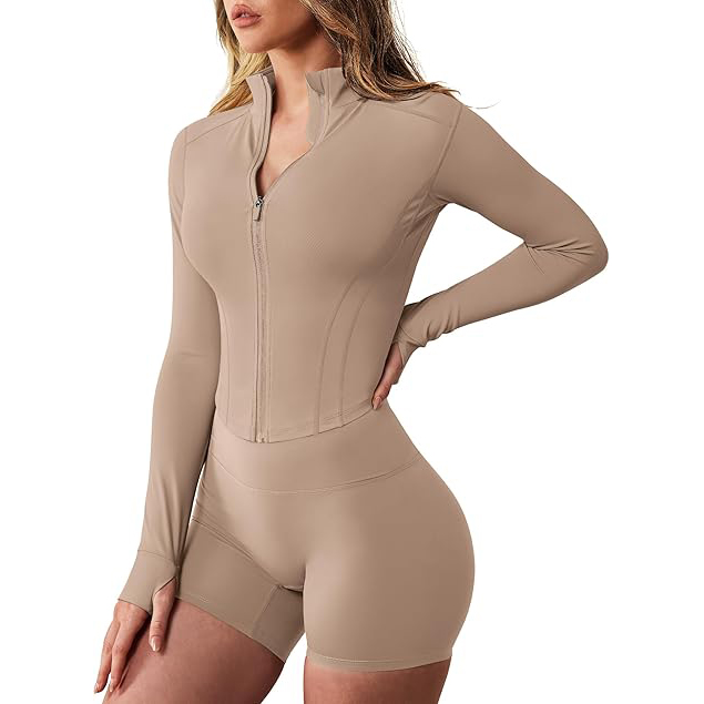Mesh Panel Full Zip Nylon Yoga Jacket Women Breathable Slim Fit High Neck Long Sleeve Workout Tops at low price