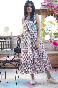 ชุดเดรสผ้าฝ้ายพิมพ์ลายด้วยมือสำหรับผู้หญิง 100% ยั่งยืน ลายเรียบแบบชั้นๆ ชุดเดรสยาวสำหรับฤดูใบไม้ร่วง/ฤดูทั่วไป - Product Image 4