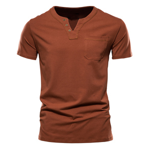 T-shirt décontracté à col en V boutonné pour homme, 100 % coton, écologique, respirant, doux, en jersey, à manches courtes, vente chaude, haute qualité, OEM - Product Image 4