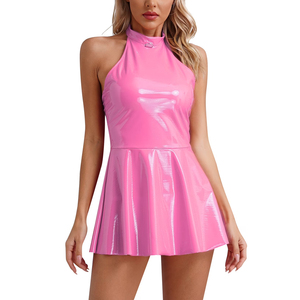 Nouvelle Robe Tendance Personnalisée pour Femme en Cuir PU Rose, Col Halter, Sans Manches, Taille Naturelle, Plissée, Coupe A-Line, Mini-jupe – Excellent Fournisseur - Product Image 1