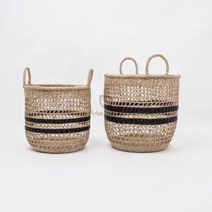 越南供应商提供的手工圆形编织海草洗衣篮储物篮