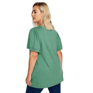 เสื้อยืดแขนพองสีเขียวสำหรับผู้หญิง คอกลม ทรงหลวม ผ้าฝ้ายถัก สวมใส่สบายๆ สำหรับฤดูใบไม้ผลิและฤดูร้อน - Product Image 3