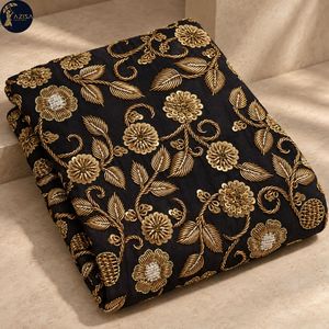 Botanical Gold <b>Embroidery</b> Dress <b>Fabric</b> with Raised Floral Leaves and Green Accents | Decorative Textile for Bridal Gowns Evening - Product Image 1