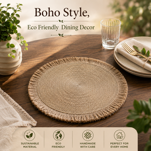 Set de table rond en jonc de mer style bohème avec franges en jute, en fibres naturelles, écologique, fait main, pour la décoration de table et de la maison - Product Image 3