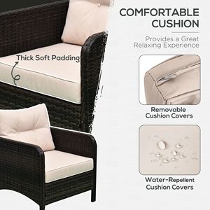 Set da 5 Pezzi in Rattan Intrecciato per Esterni con Tavolo in Vetro Temperato, 2 Sedie Imbottite e 2 Pouf - Product Image 5