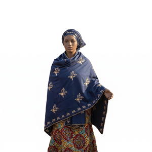 Châle en coton bleu pour femme, broderie florale africaine, strass, léger, respirant, écharpe ethnique, usage quotidien, hijab, élégant - Product Image 3