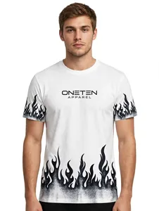 T-shirt blanc à manches courtes pour homme ONETEN APPAREL, col rond, imprimé flamme noire, style streetwear, coupe ample, 100% coton, durable - Product Image 1
