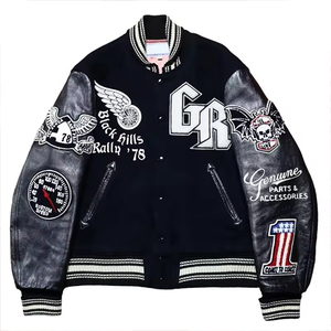 Men's Orange PU Leather Varsity <b>Jacket</b> <b>Punk</b> Style Skull Patch Embroidery Turn-down Collar Regular Fit Autumn Wear Custom LOGO - Product Image 5
