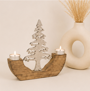 Handcrafted Rustic Christmas Tree Candle Holder With Mango Wood Base And Aluminum Metal Tree Dual <b>Tea</b> Light <b>Stand</b> Home Decor - Product Image 2