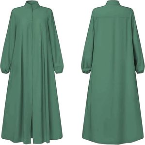 Abaya pour femme, couleur unie verte, manches longues, col montant, longueur au sol, robe modeste, coupe ample, polyester, style Moyen-Orient - Product Image 4