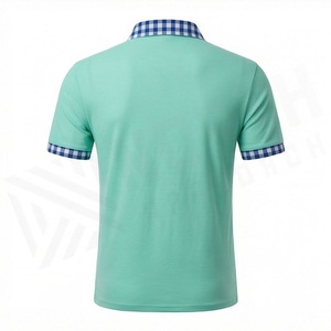 Polo à manches courtes vert menthe pour homme avec col et poignets à carreaux, design tricoté décontracté, poche sur le devant - Product Image 2