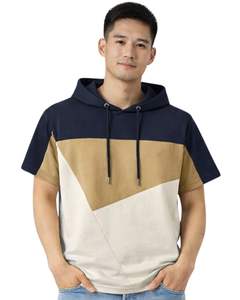 Camiseta con Capucha de Manga Corta para Hombre, Sudadera Informal con Capucha, Top de Algodón Suave para Verano, Color Azul Marino y Caqui, Ropa Urbana - Product Image 1