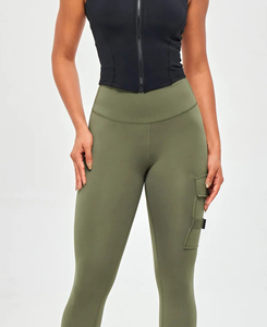 High Waist Olive Green Yoga <b>Leggings</b> <b>With</b> <b>Pockets</b> Four-Way Stretch Ankle-Length Solid Color Seamless Design For Women 180 g - Product Image 3