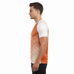 T-shirt pour homme à manches raglan à imprimé géométrique orange, coupe ajustée, sportif, col rond, manches courtes, en polyester tricoté, séchage rapide - Product Image 2