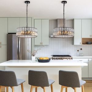 Lampadario a Tamburo Moderno in Cristallo Nero da 18 Pollici, Lampada a Sospensione a 6 Luci con Struttura in Metallo per Soggiorno e Sala da Pranzo - Product Image 4
