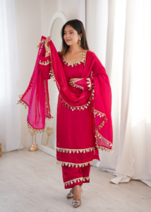 Exclusive Fendy Silk <b>Kurti</b> Set With Real Mirror Lace Work Designer Palazzo Dupatta Ethnic Wear Collection Fully Stitched Women - Product Image 5