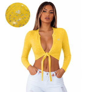 Wrap Tie Blouse V-Neck Sexy Crop <b>Top</b> Rhinestone Embellished women's shirt Custom Logo Cotton <b>Long</b> <b>Sleeve</b> Spring Summer Partywear - Product Image 1