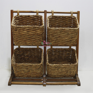 Artex Dong Thap Durable Wood and Wicker <b>Display</b> Stand with Versatile Natural Fiber Organizer Four Deep Seagrass <b>Baskets</b> Vietnam - Product Image 6