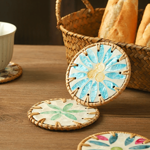 best eco-friendly mother of pearl <b>woven</b> rattan placemats and seagrass <b>coasters</b> round shape chargers for vintage living space - Product Image 6