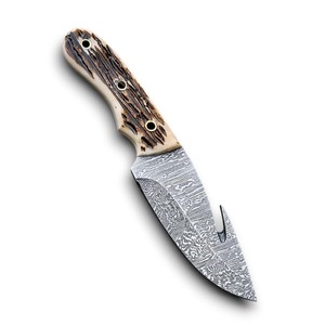 Cuchillo de Camping de Acero de Damasco de 8 Pulgadas con Hoja Fija Tipo Drop Point y Gancho para Pescar, Mango de Cuerno de Ciervo, Venta al por Mayor, Soporte OEM/ODM, MOQs Bajos - Product Image 1