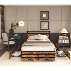 Queen Size Upholstered Metal Platform Bed Frame with LED Charging Station Headboard & 8 <b>Storage</b> <b>Drawers</b> No <b>Box</b> Spring Needed - Product Image 2
