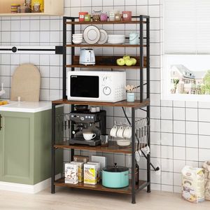 6-Layer Retro Brown Plate B Microwave Oven Rack with 10 S Hooks Strips 80*40*170cm Particle Board Melamine Paste Kitchen Storage - Product Image 4