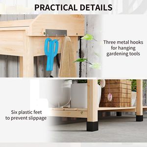 Tavolo da Giardino per Giardinaggio con Lavello Rimovibile, Rubinetto, Cassetti, Ripiani e Ganci - Stazione di Lavoro in Legno Naturale - Product Image 6