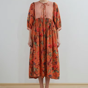 Vestido de Algodón a Rayas Sencillo para Mujer, con Botones, Largo hasta la Rodilla, Mangas Abullonadas, Corte Entallado, Colección Boutique Étnica de Verano, Lavable - Product Image 1