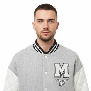 Custom Quilted Sheep Leather <b>Varsity</b> <b>Jacket</b> with Premium Cotton Fleece & Chenille Embroidery Stand Collar Covered Button <b>Jackets</b> - Product Image 5